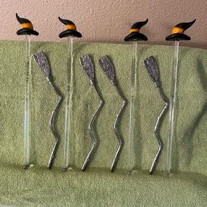 Blown Glass Witch Hat Stir Sticks Metal Broom Stir Sticks lot of 8!